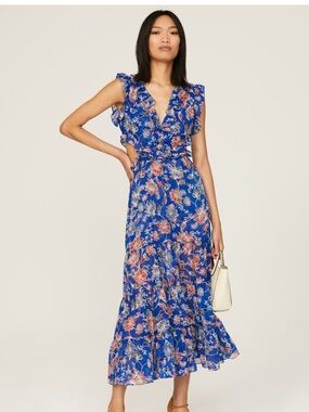 Misa Los Angeles Blue Floral Ruffle Midi Dress